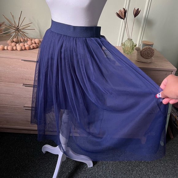 Navy Blue Modest Layered Pleated Highwaist Mesh Tutu Midi Knee-Length Skirt XS-S - Picture 11 of 16